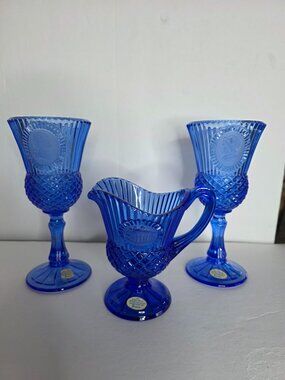 Vintage Cobalt Blue Avon Fostoria set of 2 glassed and water pitcher